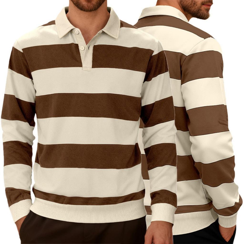 Men's Casual Sporty Square-neck Knitted Striped Shirt, Men's Color-blocking Buttoned Long-sleeved Shirt