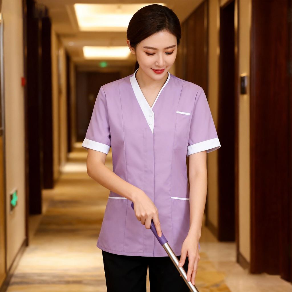 Women's Scrubs Tops V Neck Short Sleeve Working Blouse Housekeeping Uniforms Cleaning Uniform