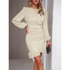 Autumn Winter Round Neck Elegant Fashion Solid Ruffles Bodycon Dress Women Lantern Long Sleeve Robe Vestidos