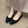 French Satin Square Head Bow Mary Jane Shoes Women's 2025 Autumn New Satin Pleated Flat Bottom Light Mouth Single Shoes