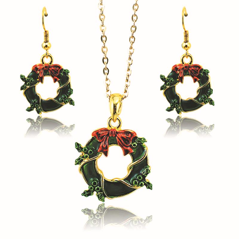 

Christmas Bow & Bell Wreath Dangle Earrings & Necklace Set 19x21mm