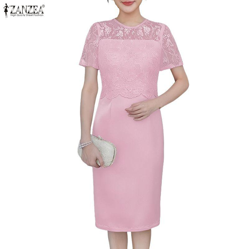 ZANZEA Women Lace Patchwork Round Neck Casual Short Sleeve Sheath Dress