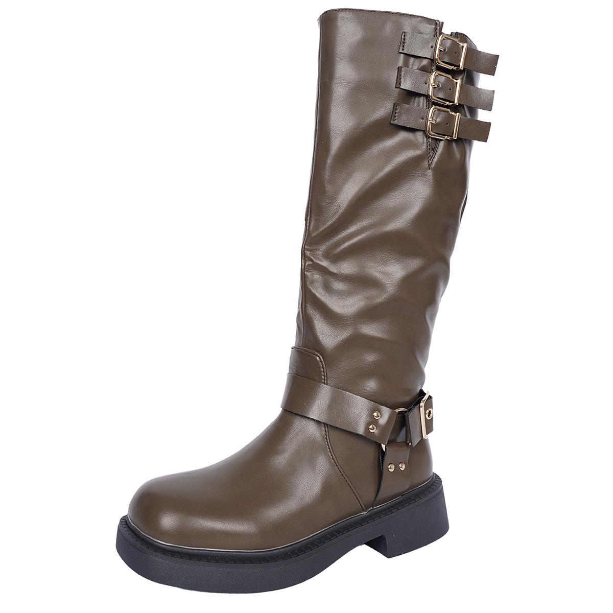 

Fashion Vintage Large Size 36-42 Belt Buckle Knight Boots Women 2025 Autumn New Round Head British Style Botas Largas Mujer Black PU 36 кофейный