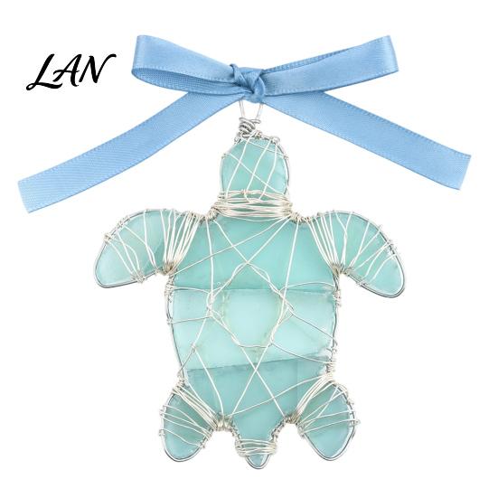 Handcrafted Marine Life Ornaments Handmade Sea Glass Ocean Ornaments, 2D Wire Wrapped Coastal Christmas Tree Decoration, Inspired Hanging Turtle