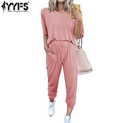 Women's Fashion Casual Summer Spring Solid Color Print Short Sleeve O-Neck Trousers Pants Suits