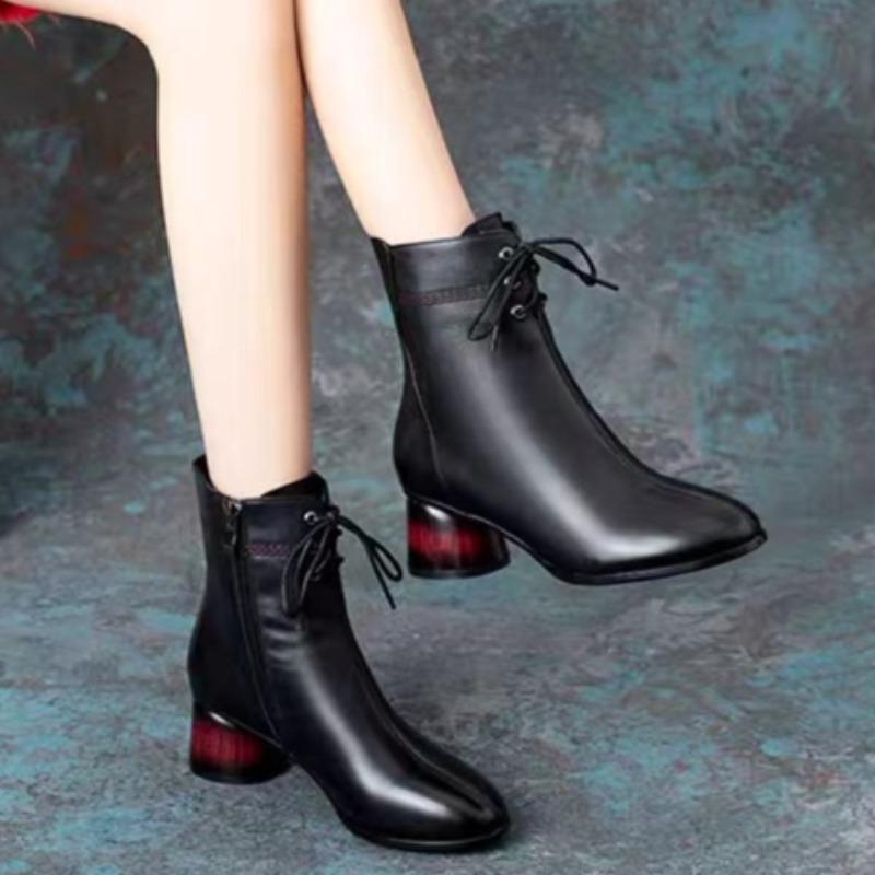 Mode Vinter Nya Grova Enkelstövlar Dammode Spetsig Front Snörning Sidodragkedja Halkfria Slitstarka Korta Stövlar