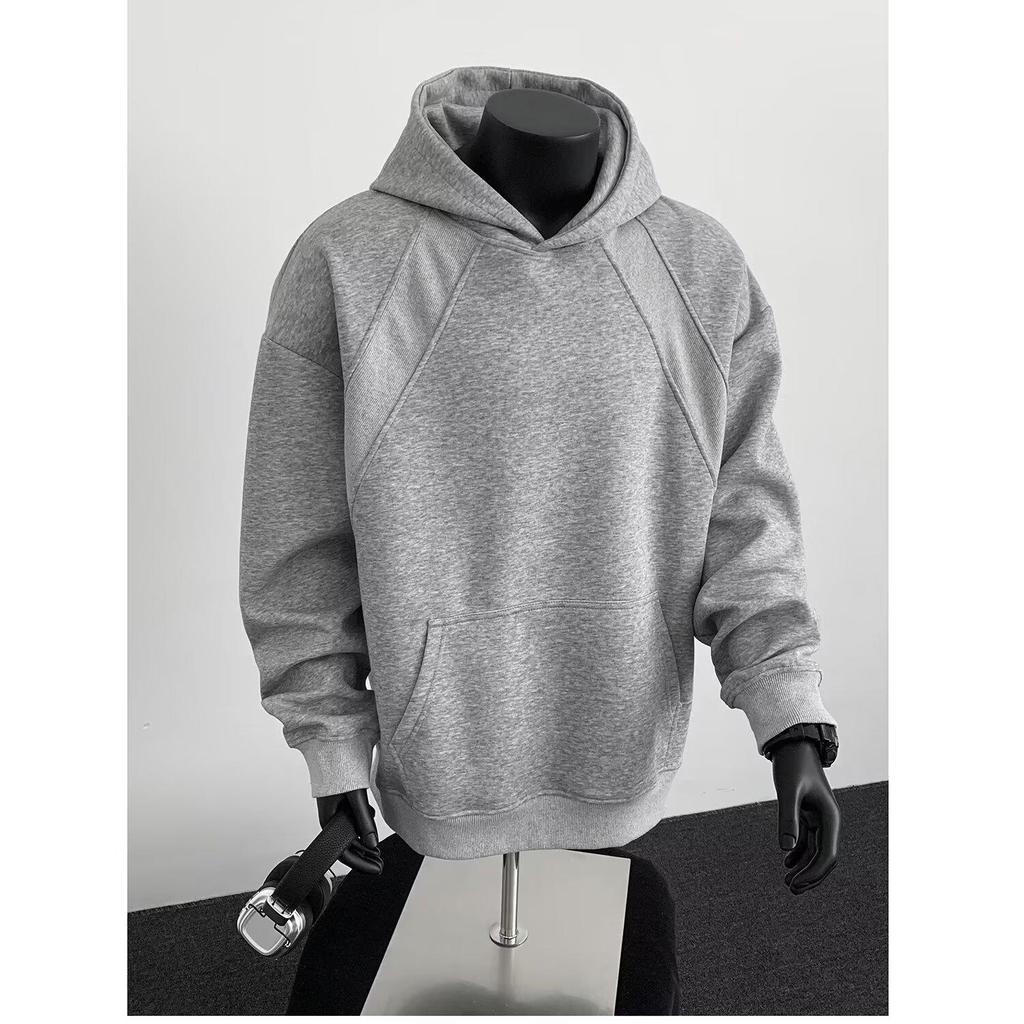 American Style Grey Deconstructed Patchwork Men's Hoodie, Spring/Autumn Trend, High Neck, Socially Anxious Persona, Fashionable Outerwear