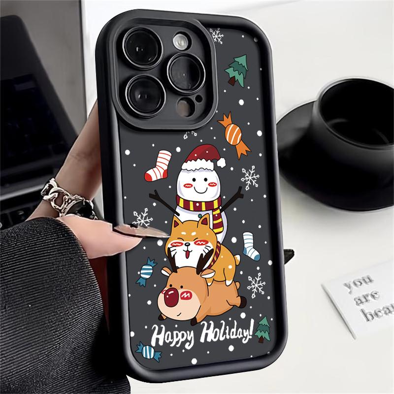 Hülle mit Weihnachtselch-Schneemann-Muster für iPhone 16 Pro 15 14 Plus 13 12 11 Pro Max Xr Xs X 8 7 Linsenschutz, weiches TPU, stoßfest, einfarbige Abdeckung