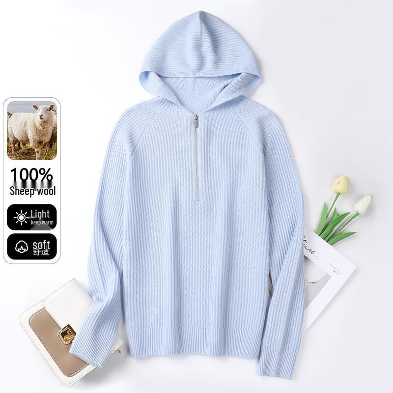 SNOWFLYING Women's 100% Merino Wool Ribbed Half-Zip Hooded Sweater