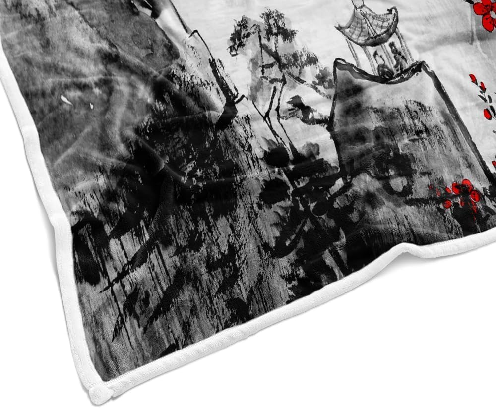 Japanese Cherry Blossom Blanket, Asian Japanese Wave Kanagawa Throw Flannel Blankets for Couch & Bed, Asian Anime Mount Red Sun