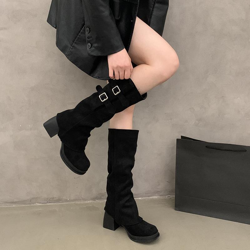 Fashion Autumn Winter Designer Buckle Strap Women Knee High Boots Fashion THick Heels Comfortable Long Botas