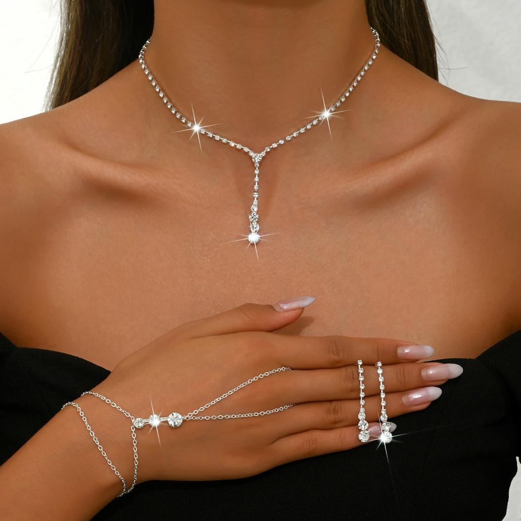 Geometric Alloy Necklace And Earrings Set With Water Drop Rhinestones For Women