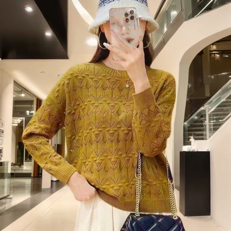 Summer   Women's Thin Hollow Plus Size Sweater  Solid Color V-Neck Loose Knit Pullover Sweater