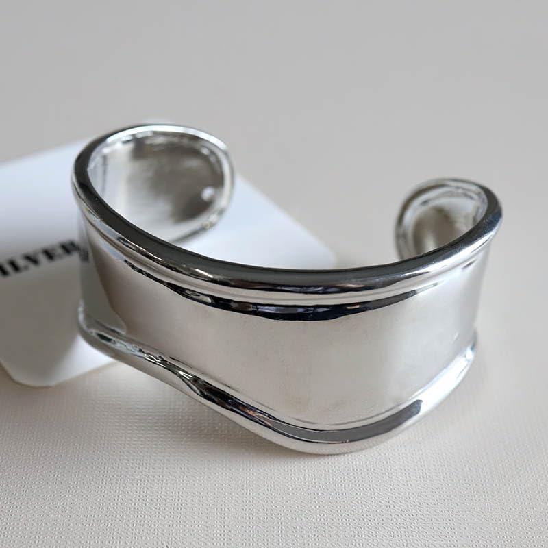 Wide Bangle Bracelet for Gold or 18K GP Simple Bone Cuff Women, Silver, Mirror-Finished, Gold, (Silver)