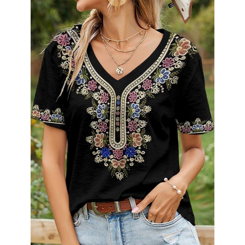 

Summer Ethnic Style Floral 3D Print T-Shirts Women s V-Neck Short Sleeve T Shirt Y2k Harajuku Tees Casual Tops Female Clothing XL