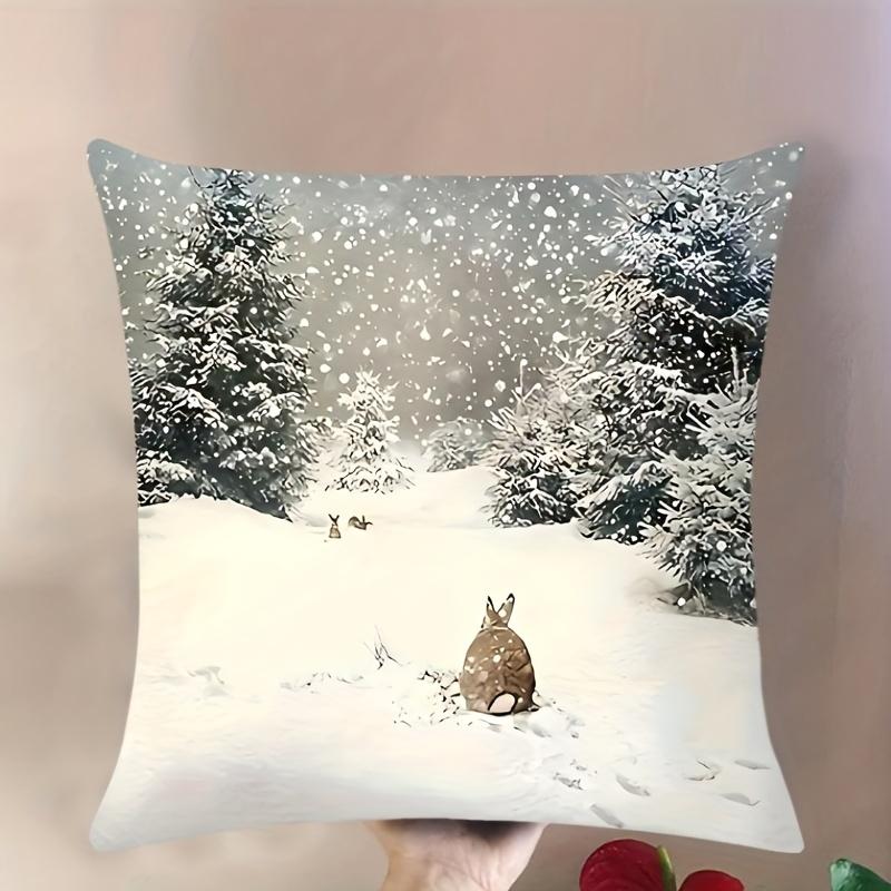 1Pc Contemporary Style Throw Pillow Cover with Winter Rabbit and Snowflakes Design - Machine Washable, Zippered Closure,Woven Polyester 17.7x17.7 inch