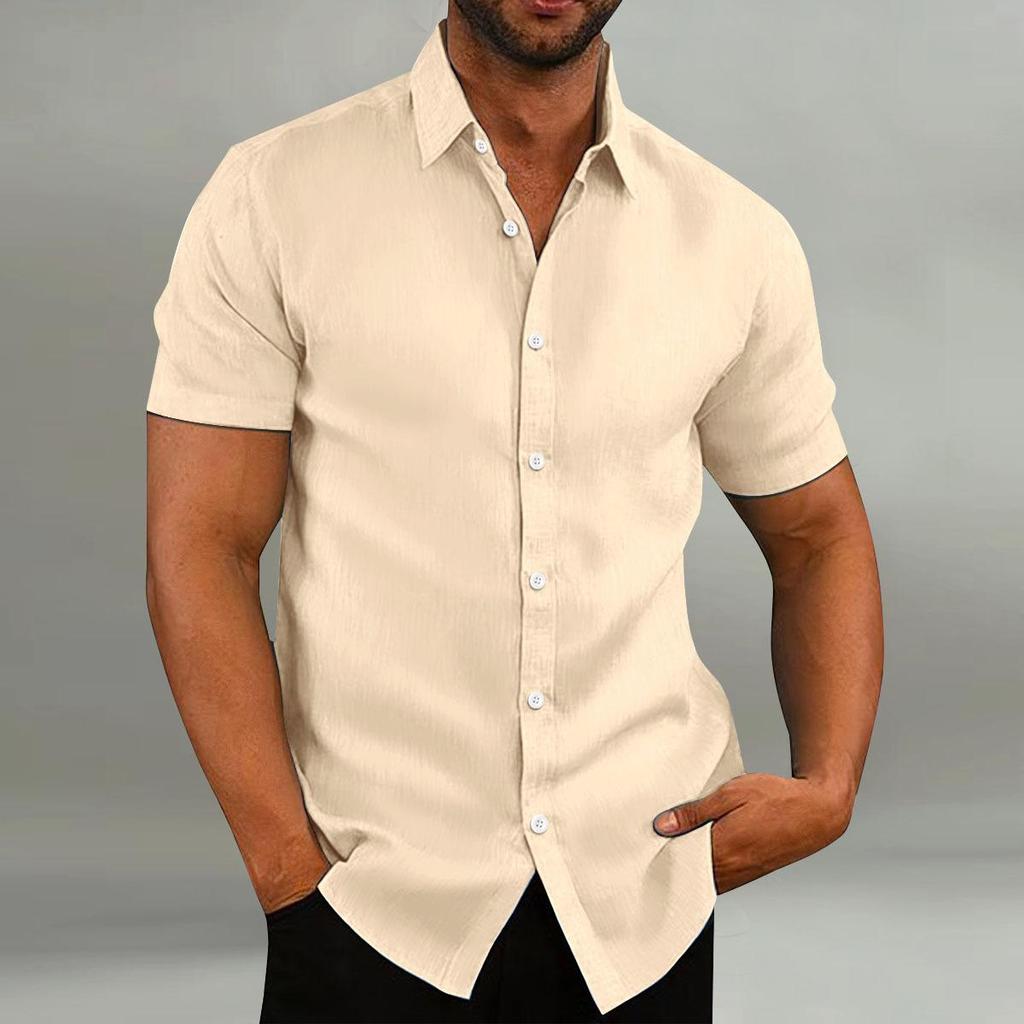 Men's Retro Solid Color Cotton Linen Shirts Casual Summer Loose Short Sleeve Lapel Shirt