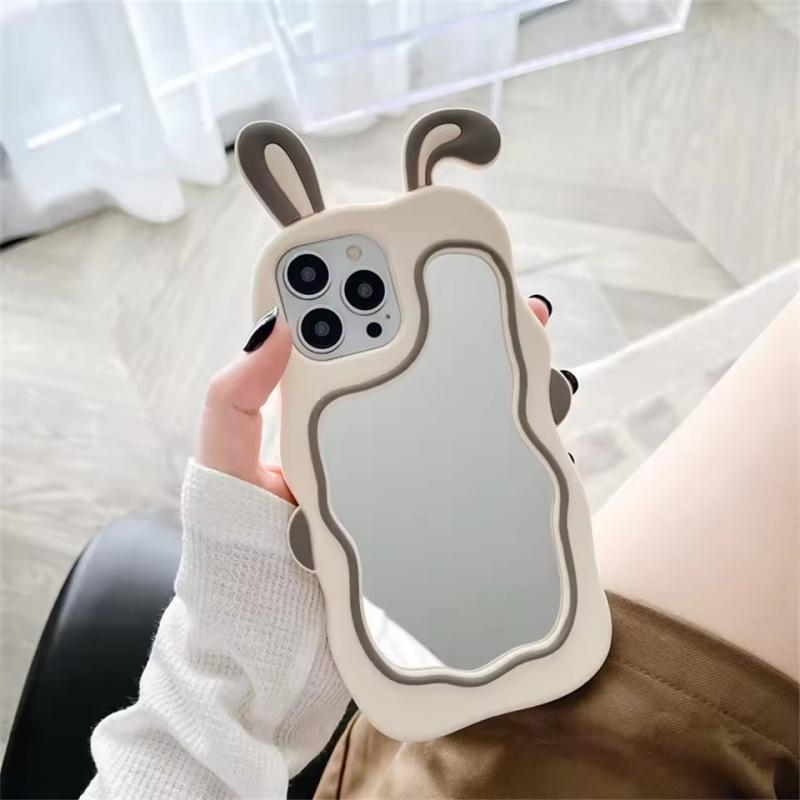 Cute Bunny Ears Mirror Phone Case For iPhone 16 15 14 Plus 13 12 11 Pro Max Shockproof Silicone Case
