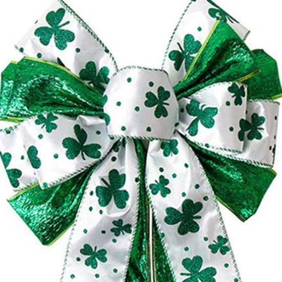 St. Patrick's Day Bow Large White Green Glitter Shamrock Bow Irish Holiday Decor Ribbon Bow Knot for Wreath Tree Topper Front Door