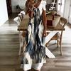 Women Plus Size V Neck Short Sleeve Blue White Printed Straight Maxi Dress
