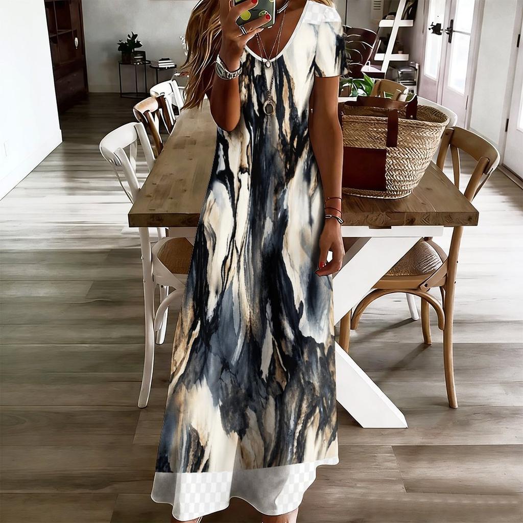 Women Plus Size V Neck Short Sleeve Blue White Printed Straight Maxi Dress