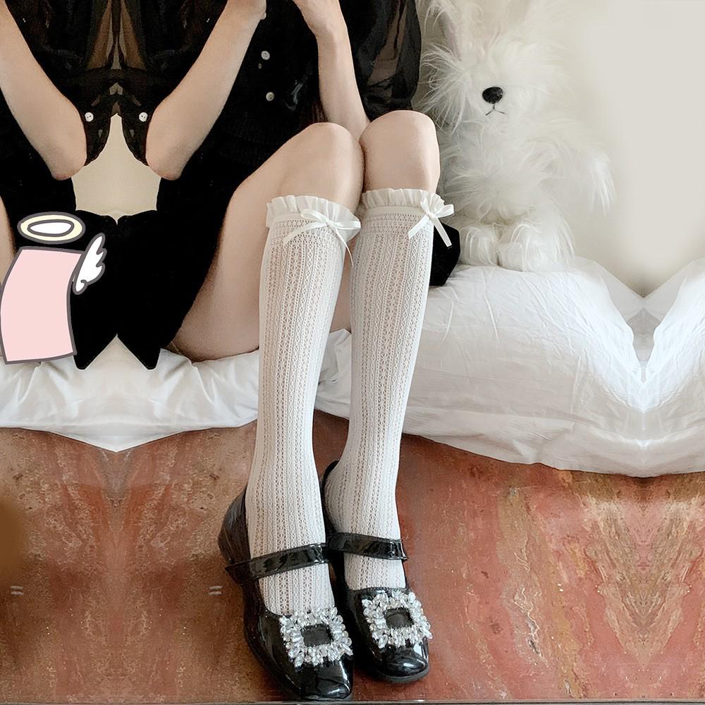 

Milk White Lolita Lace Trim Bowknot Socks - Spring/Summer Mid-Calf Cutout Design One Size бежевый
