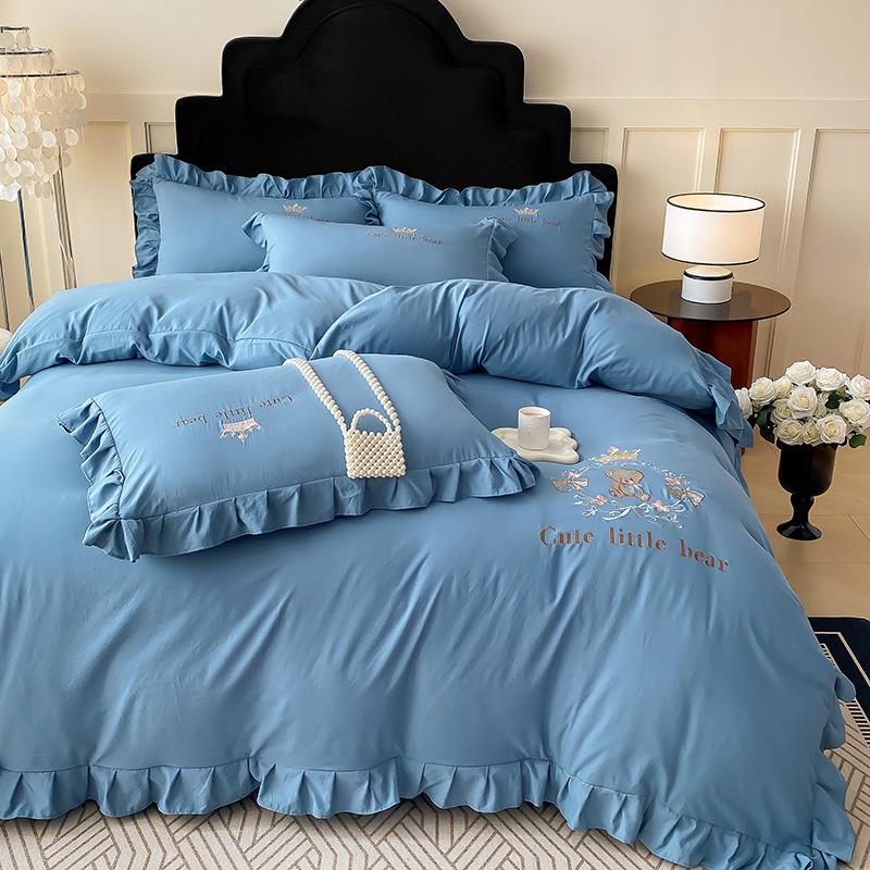 Small Fresh Washed Knitted Pure Cotton Embroidered Four-piece Bedding Set Quilt Cover Bed Sheet Bed Skirt