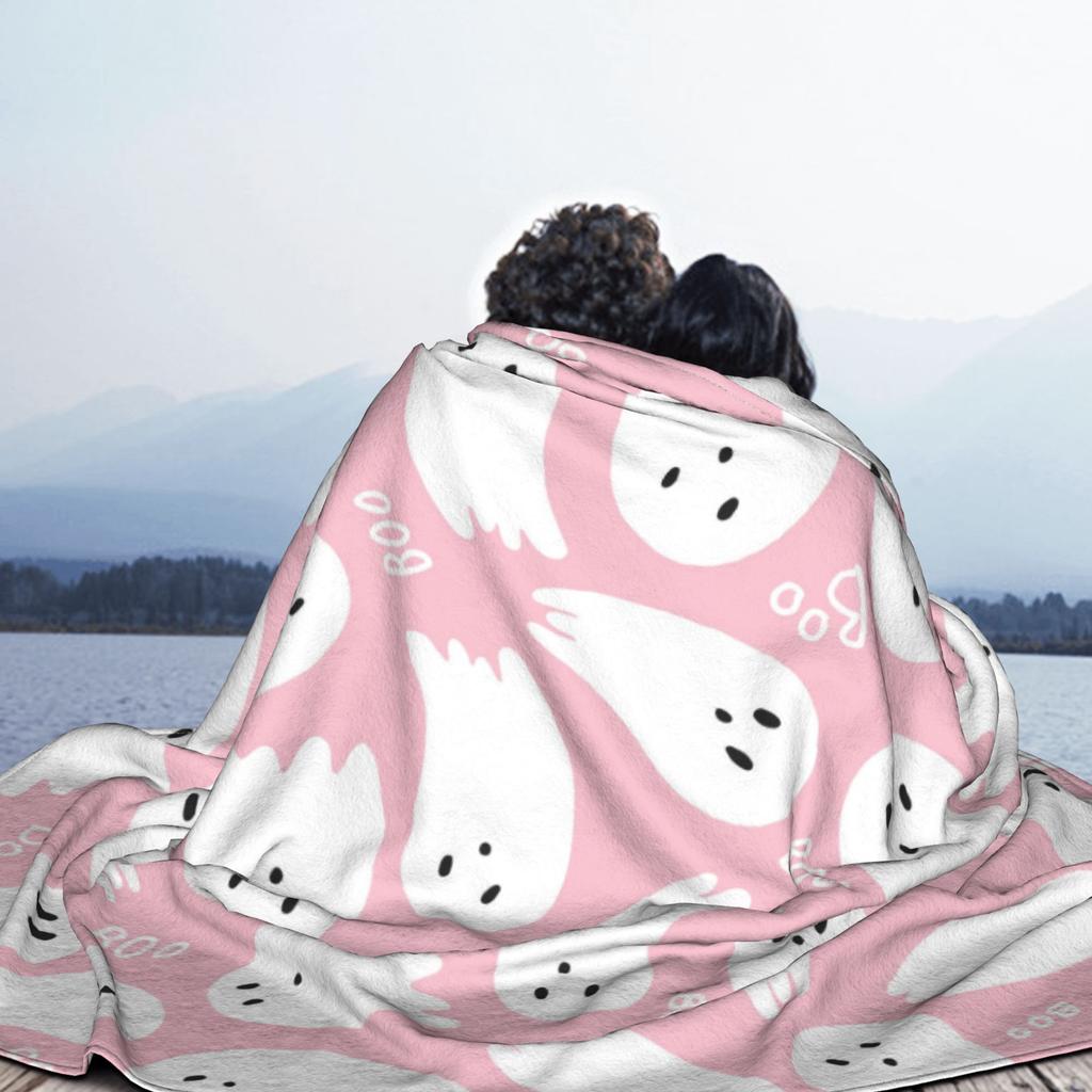 Pink Cute Ghosts Flannel Blankets Halloween Funny Throw Blankets for Home Hotel Sofa 150*125cm Rug Piece