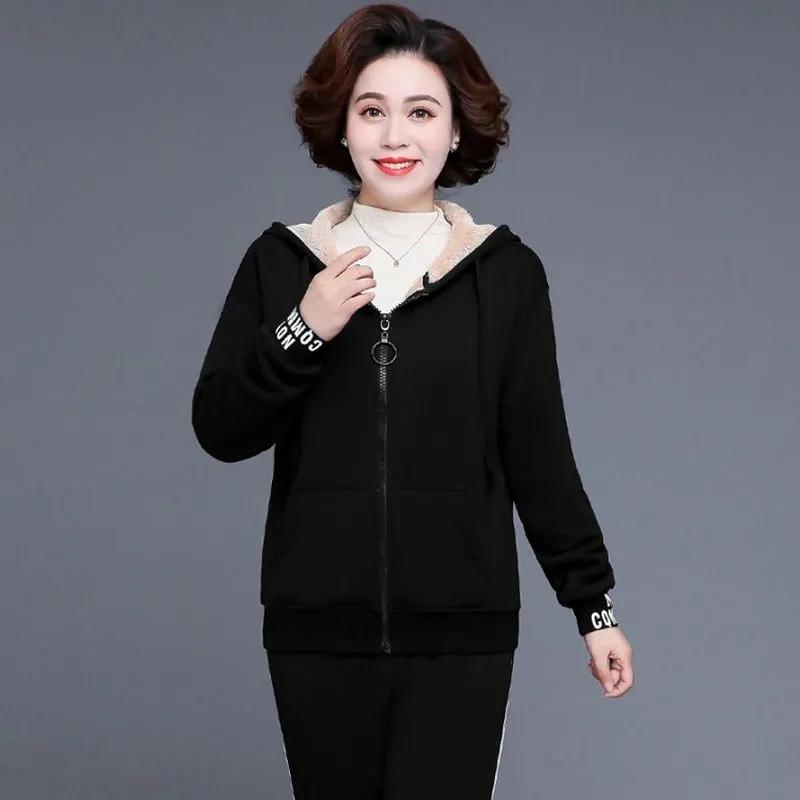 Elderly Women's Spring Autumn Winter Plus Size Warm Plush Sweatshirt Jacket + Thickened Trousers 2 Piece Set