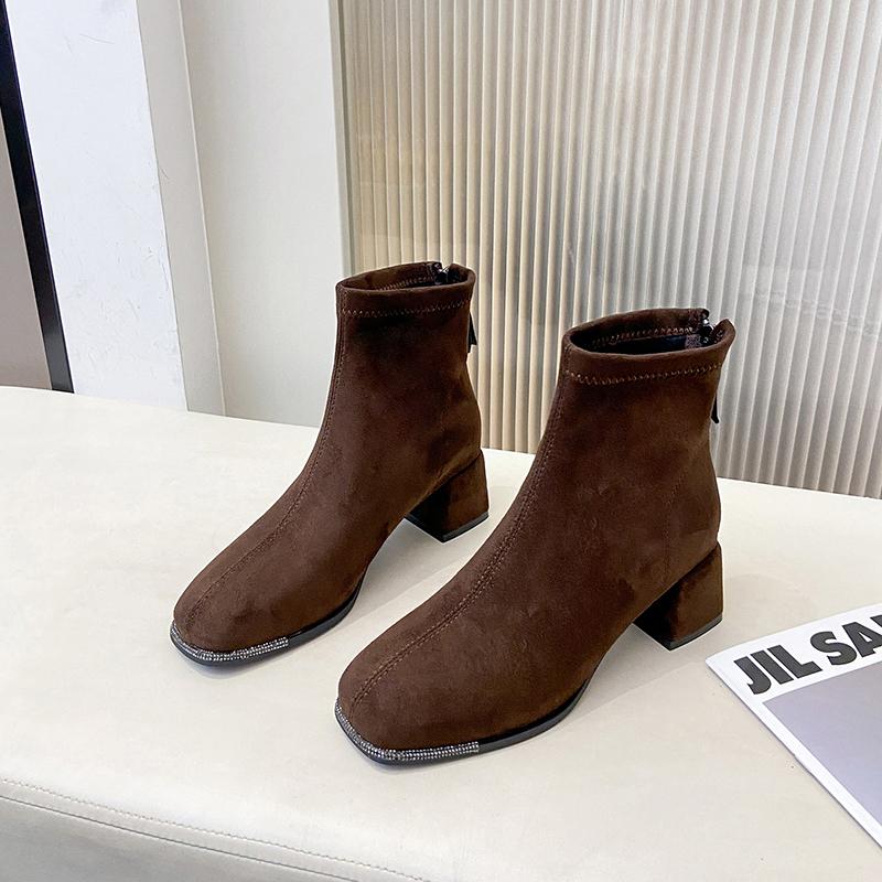 Autumn Winter Rhinestone Square Toe Stretch Slim Women Ankle Boots Street Style Banquet Party High Heel Short Botas Mujer