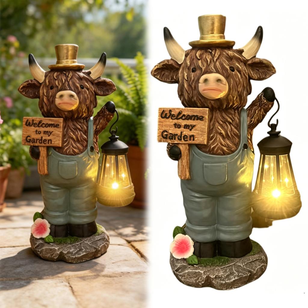 Statue da Giardino Mucca Scozzese Solari con Luci Resistenti alle Intemperie Animali da Prato Statuette Mucca Sculture per Patio Giardino Portico