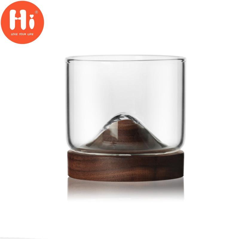 120ML Transparent Mountain W skey Glass with Wooden Base Heat Resistant Beer Glass Wine Water Tea Cup Set Bar Drinkware