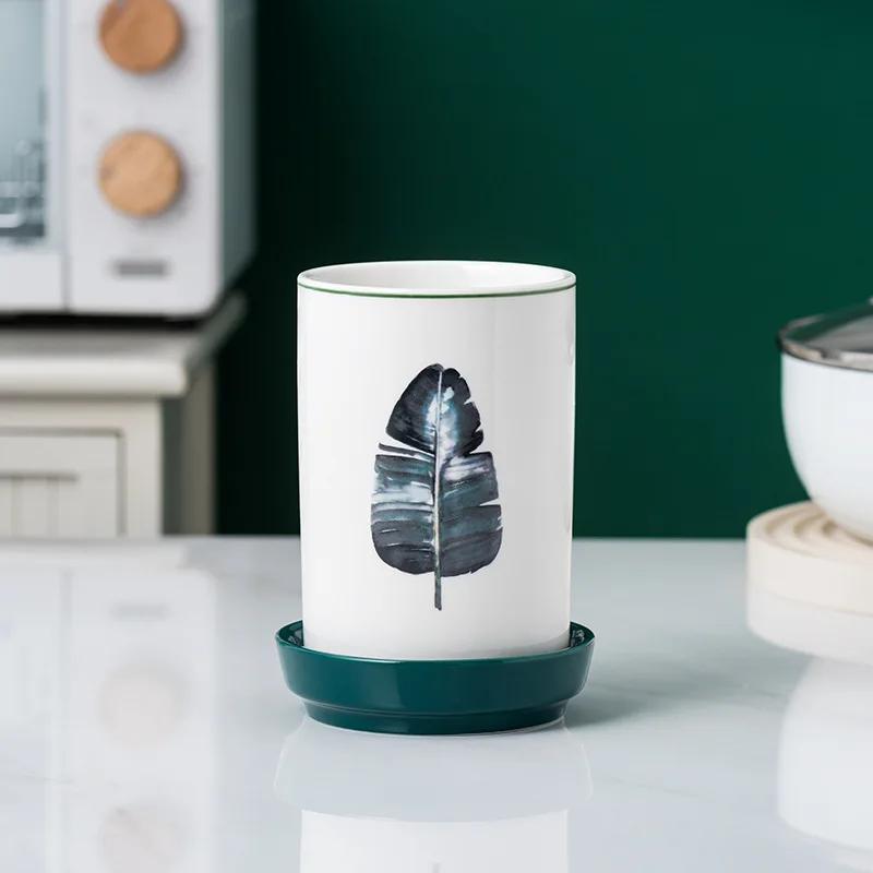 Ceramic Cutlery Holder with Drainer Bottom Cooking Tools Storage Box Gadgets Organizer Accessories Kitchen Uensils