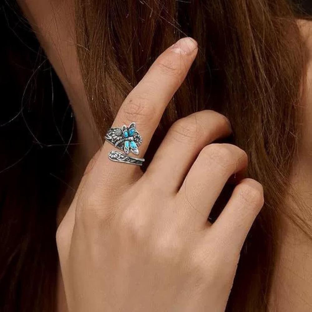 Anello da donna vintage personalità bohémien turchese libellula girasole avvolgente