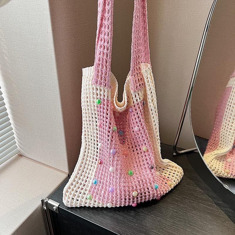 

Летняя вязаная сумка женская новая на плечо подмышку сумка большой вместимости повседневная универсальная сумка-тоут розовый