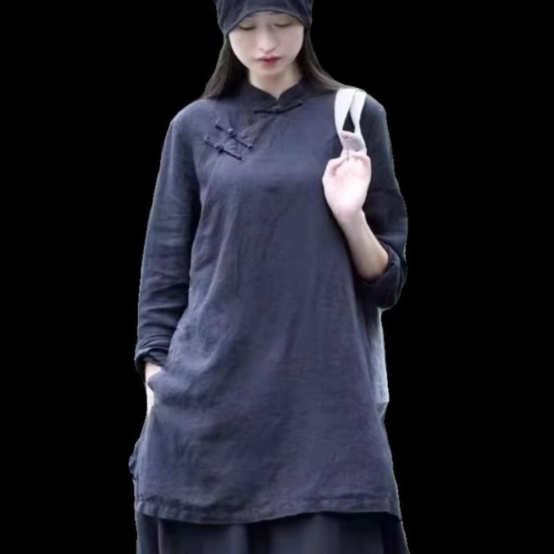 2026 Spring/Summer Retro Frog Button Cotton Linen Mid-Length Zen Tea Ceremony Top