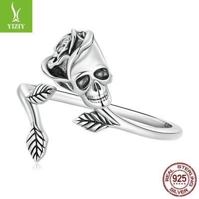 Halloween Skull Rose Opening Ring, Holiday 925 Silver Ring Scr879
