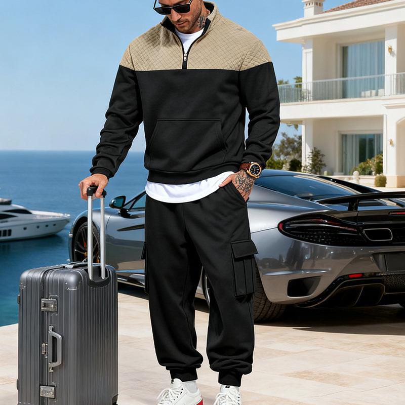 

Winter New Arrivals: Outdoor Casual Minimalist Men s Contrast-Colour Oversized Workwear Stand-Collar Hoodie and Trousers Set XXXL чорний