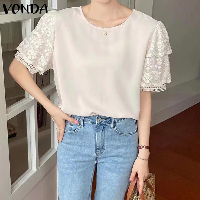 

VONDA Горячие летние кружевные однотонные женские топы с короткими рукавами
