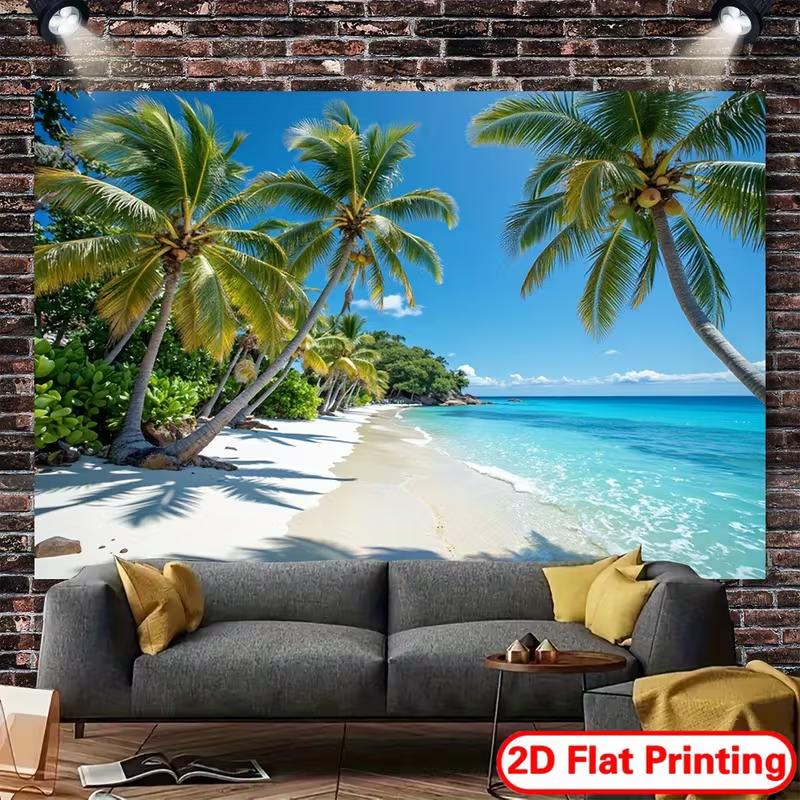 2D Exotic Island Tapestry, Palm Trees and Crystal Blue Ocean Beach Scenery Wall Hanging