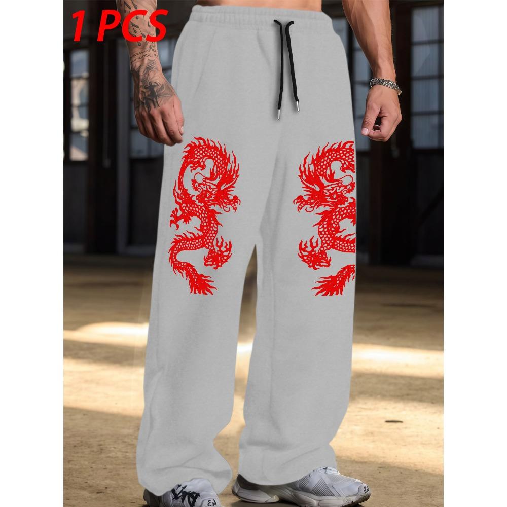 

Dragon Shaped Paper Cuttings Printed Loose Wide Leg Pants with Drawstring Design Casual Pants Chinese Loong Street Style XXL