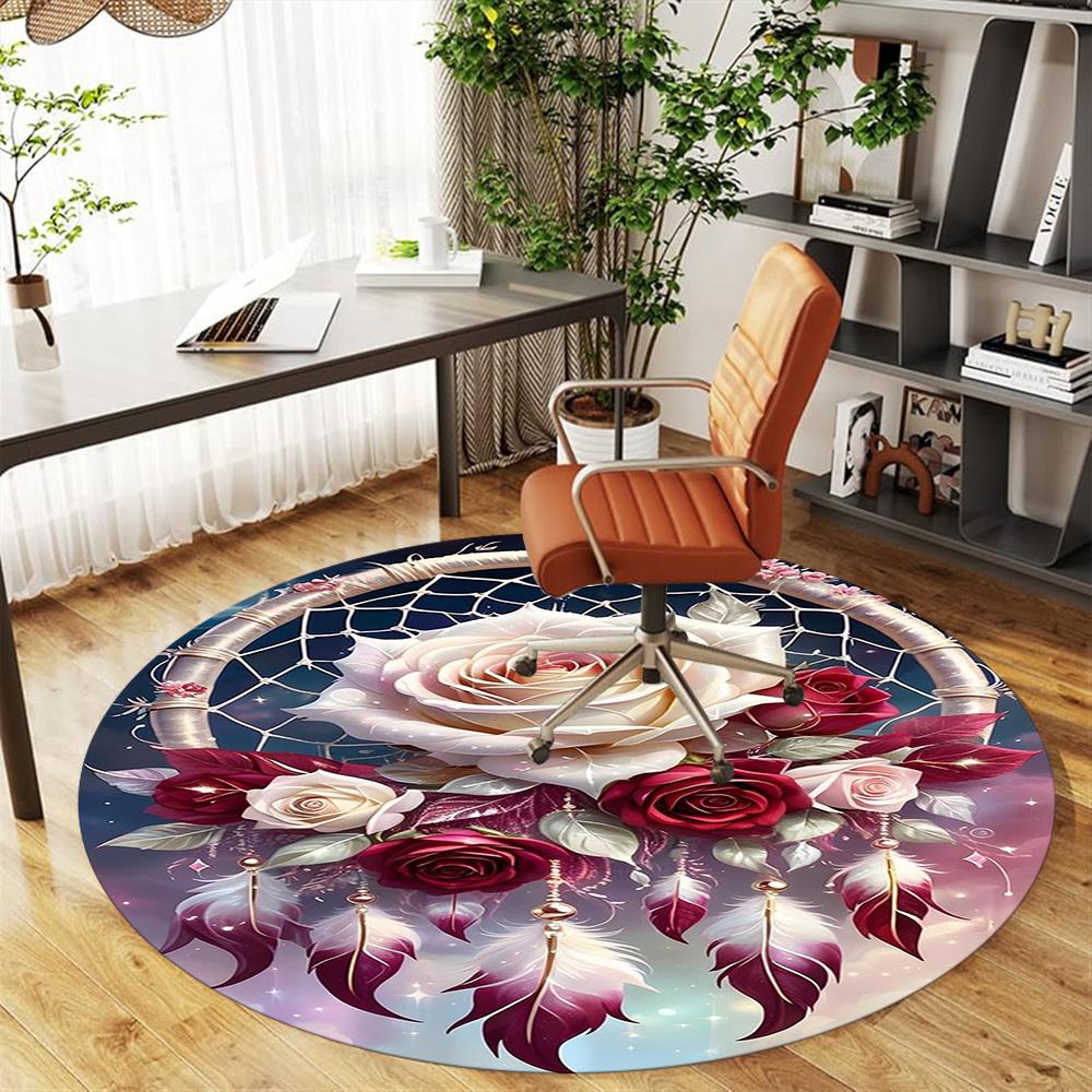 1PC Dreamcatcher Roses Feathers Round Chair mat Area Rug - Non-Slip, Floor Mat for Office, Bedroom, home decor Christmas Gift c0528019