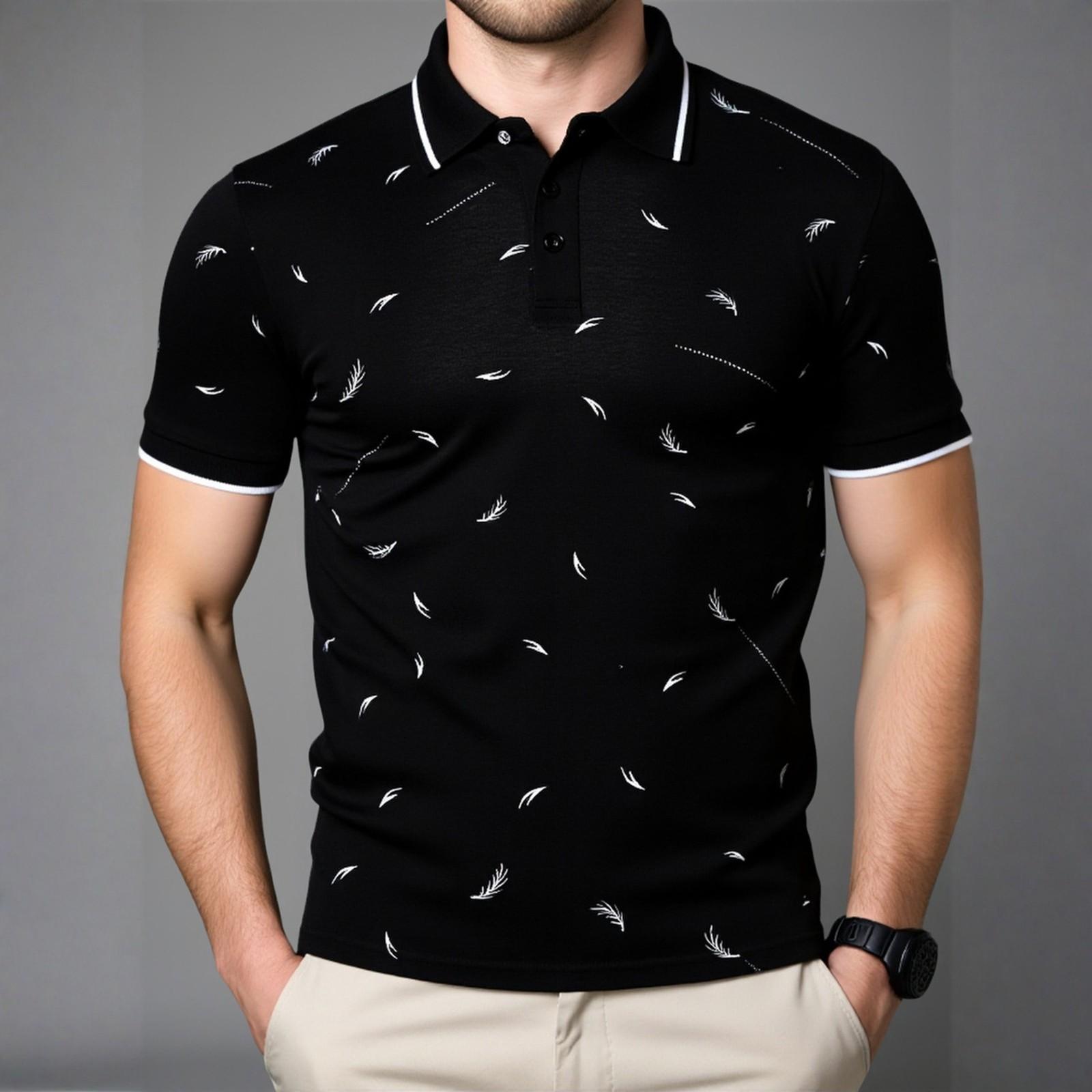 

Мужская летняя деловая рубашка с лацканами и принтом перьев, большого размера, модная повседневная футболка для мужчин M чёрный