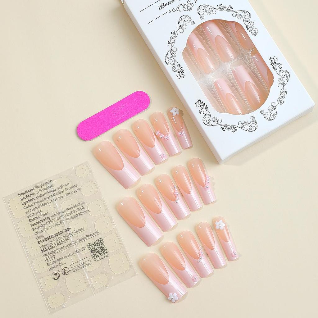 Camellia Rhinestone Extra Long French Manicure Fake Nails