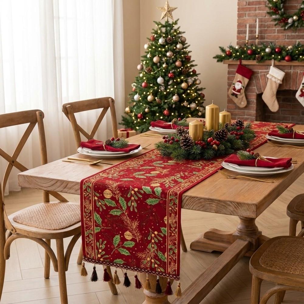 Fringed Pine Leaf Printed Table Flag Gradient Tassel Table Cabinet Cover Cloth Christmas