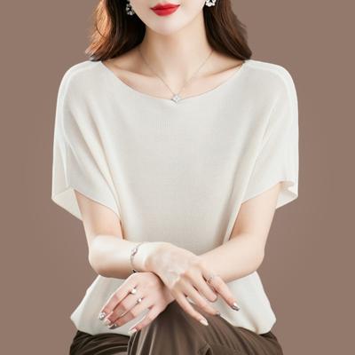 Camisa de seda de hielo de manga corta de murciélago para mujer, blusa de punto informal de seda de morera de verano, Tops sueltos con cuello redondo, prendas de punto para mujer 27437