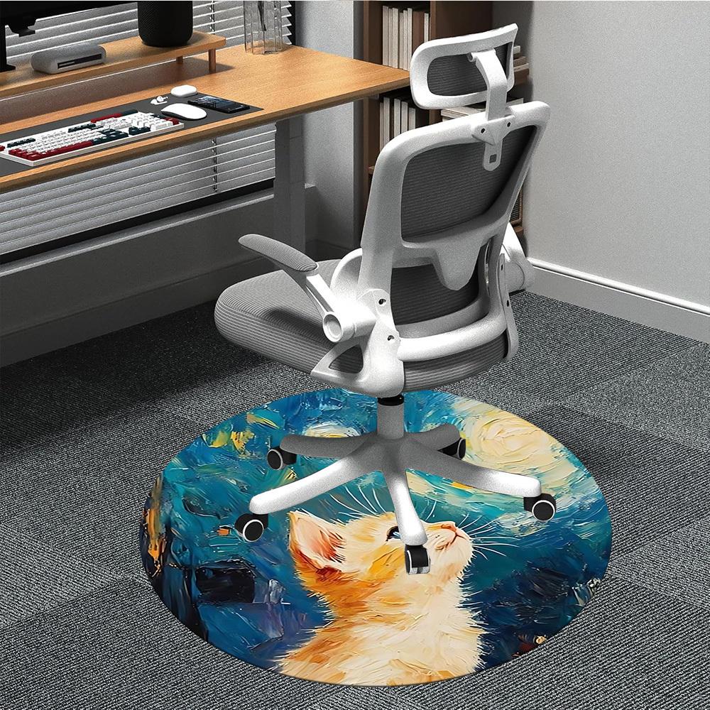 1pc Cat Night Office Round Area Rug,  Mat Suitable For Office, Under Office Chairs Bedroom Living Room Home Decor, Room Deco