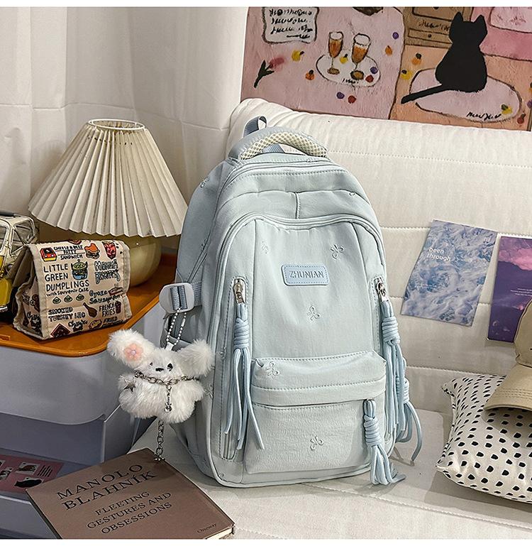 Schoolbag Cute Bow Embroidered Backpack Female Student Backpack Large Capacity Plush Pendant Elementary School Student Junior School Bag