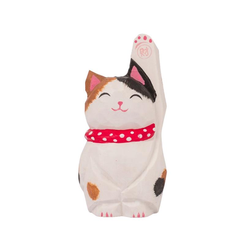 Wooden Lucky Cat Figurine Home Decor Gift For Office And Living Room