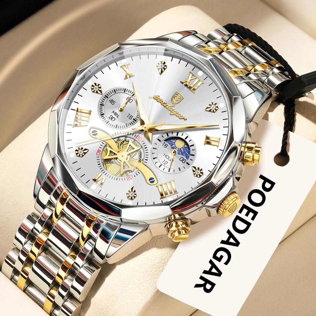 POEDAGAR Original Luxus Herrenuhr Wasserdicht Leuchtend Chronograph Armbanduhr Edelstahl Quarzuhren für Mann Reloj